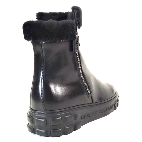 CASADEI 🇮🇹 WOMEN\'S BLACK SOFT LEATHER COMFORT FASHION WINTER LAMB FUR BOOTIE